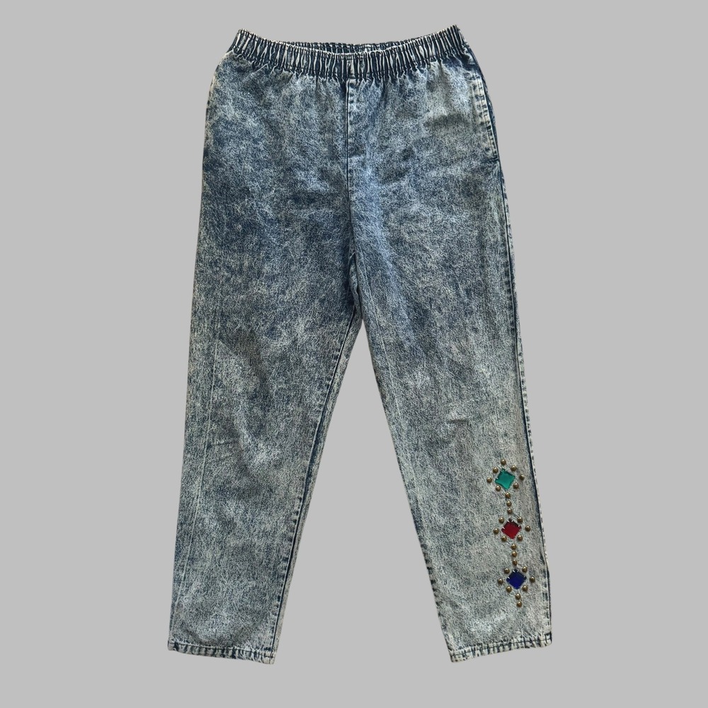 Vintage Gepetto Acid Wash Jeans Womens Medium Rhinestone Studded 80s pop kitschy